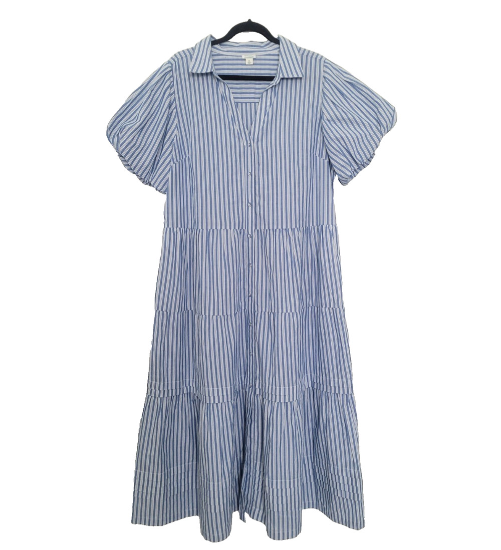 Sundance Striped Puff Sleeve Tiered Button Maxi Dress Size XL Nautical Coastal